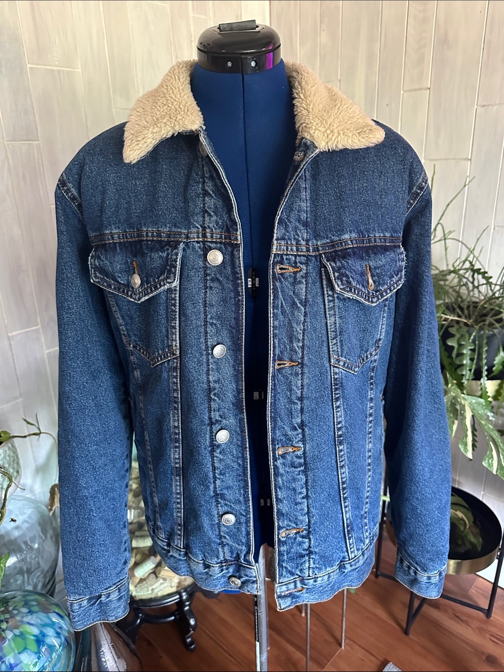 Zara Blue Denim Jacket with Cream Sherpa Collar